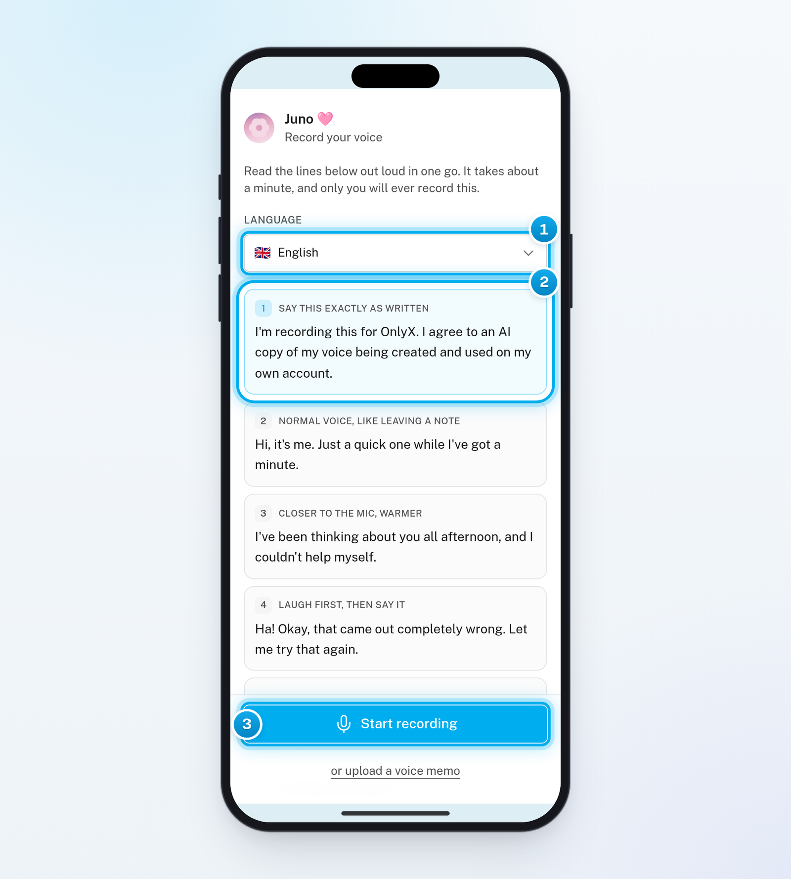 The Record your voice page on a phone, with the Language list, the highlighted consent line and the Start recording button marked