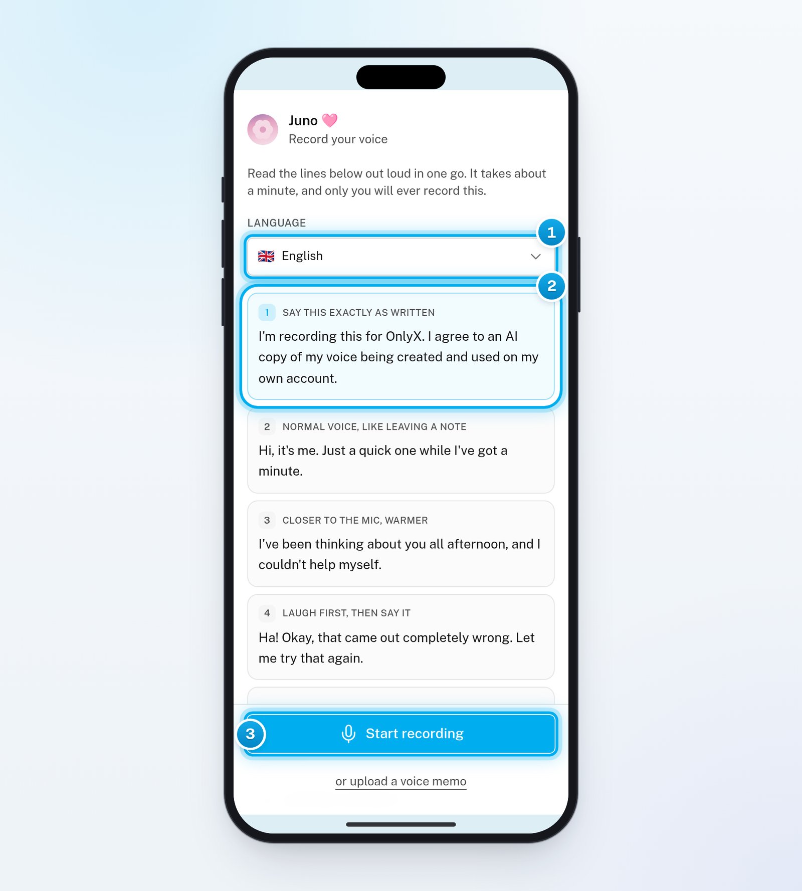 The Record your voice page on a phone, with the Language list, the highlighted consent line and the Start recording button marked