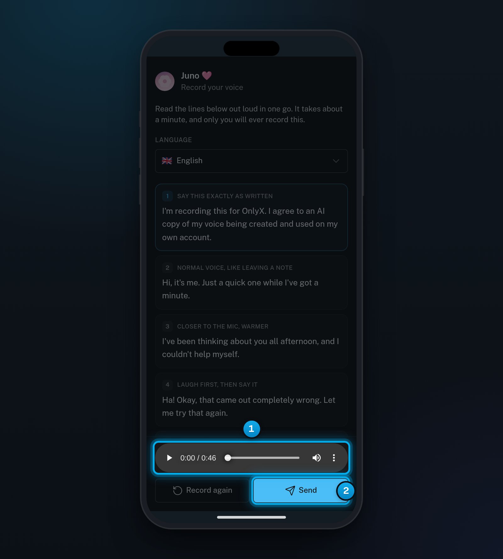 The Record your voice page on a phone after recording, with the player and the Send button marked and Record again next to Send