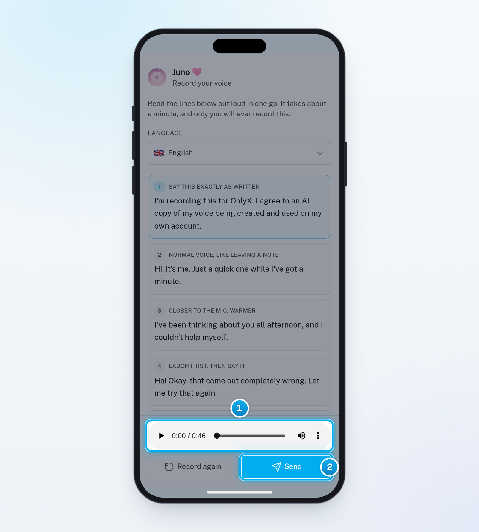 The Record your voice page on a phone after recording, with the player and the Send button marked and Record again next to Send