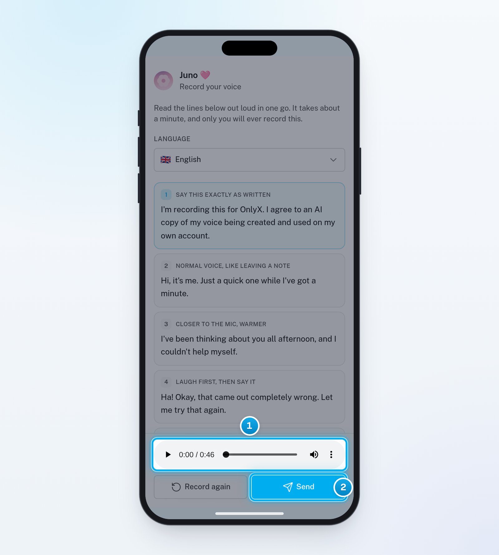 The Record your voice page on a phone after recording, with the player and the Send button marked and Record again next to Send