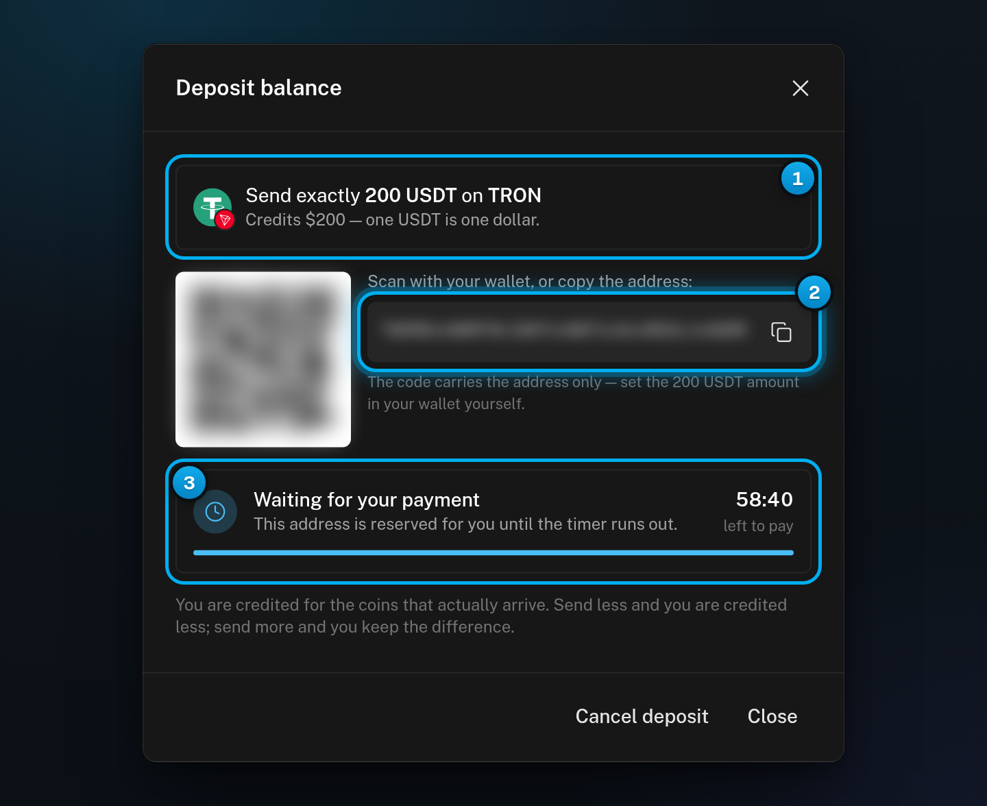 The Deposit balance window waiting for payment: the amount and network to send, a blurred QR code and address, and the timer