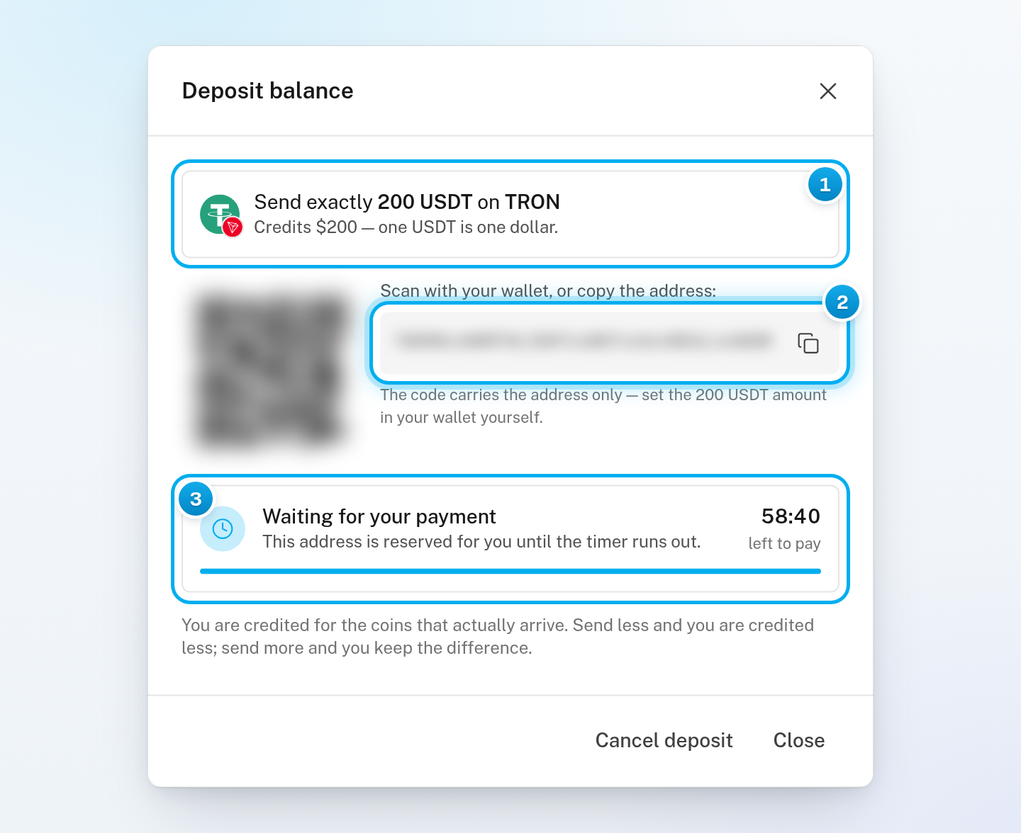 The Deposit balance window waiting for payment: the amount and network to send, a blurred QR code and address, and the timer