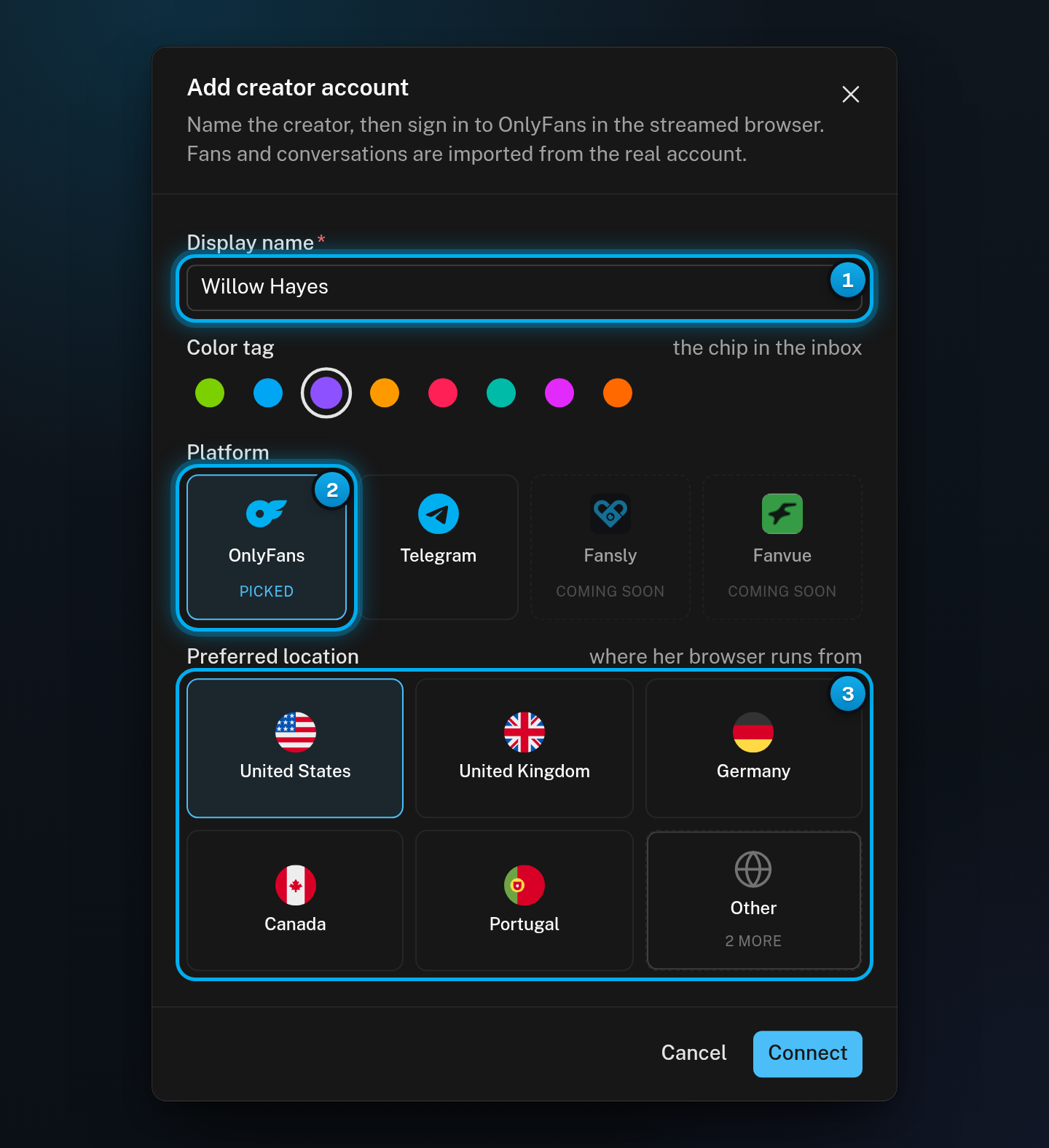 The Add creator account window with a display name typed in, OnlyFans picked as the platform, and the Preferred location countries