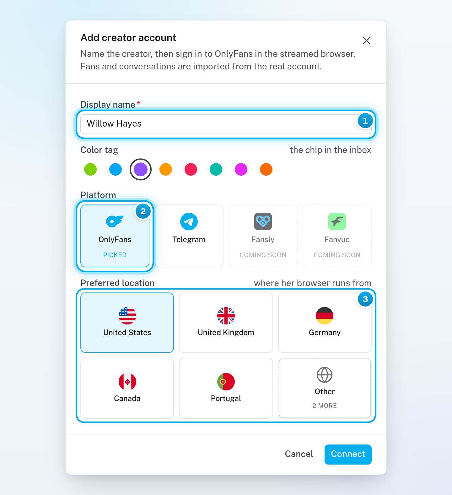 The Add creator account window with a display name typed in, OnlyFans picked as the platform, and the Preferred location countries