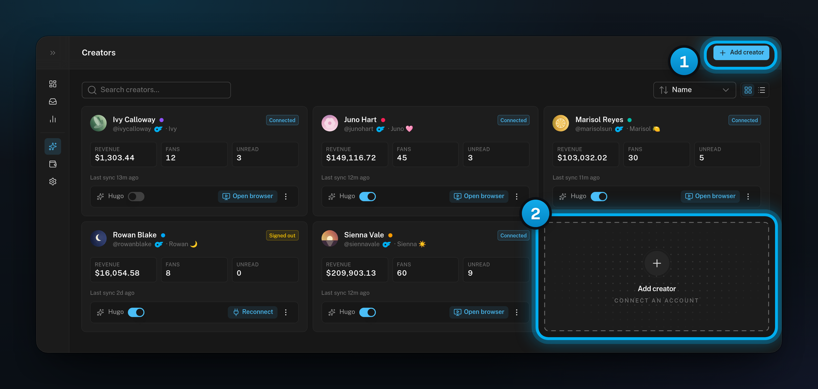 The Creators page with the Add creator button in the page header and the dashed Add creator tile after the last creator card
