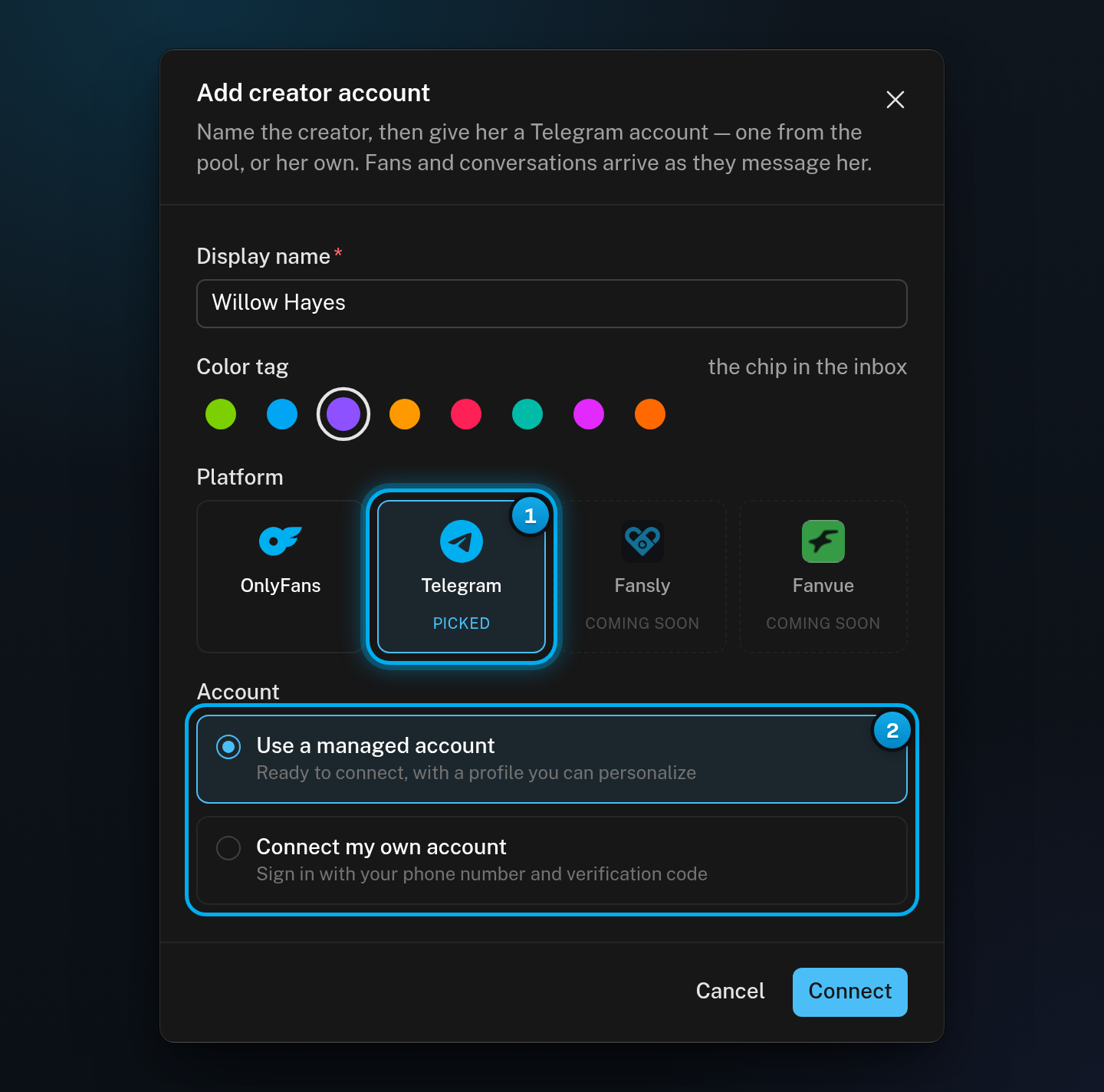 The Add creator account window with Telegram picked and the Account field showing Use a managed account and Connect my own account