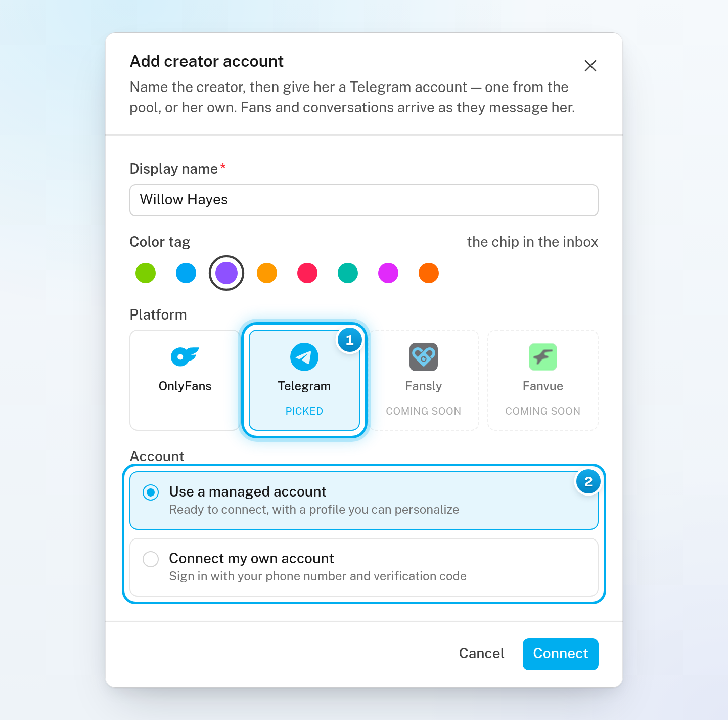 The Add creator account window with Telegram picked and the Account field showing Use a managed account and Connect my own account