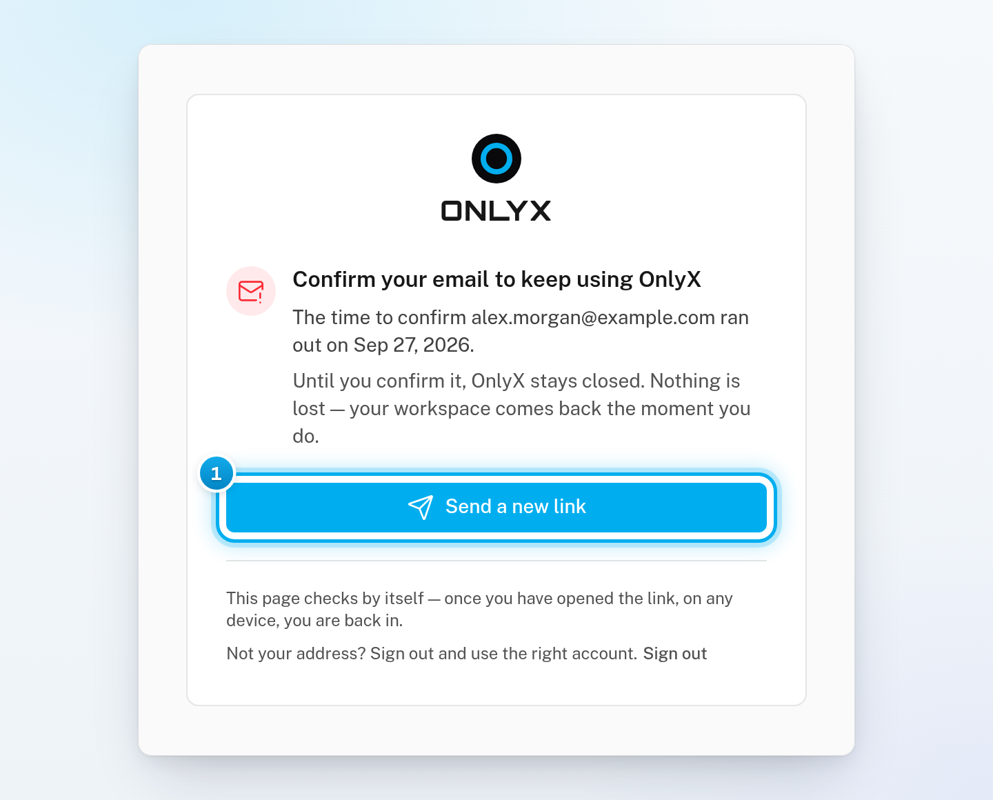The page Confirm your email to keep using OnlyX, which replaces the app when the 7 days have passed, with its Send a new link button
