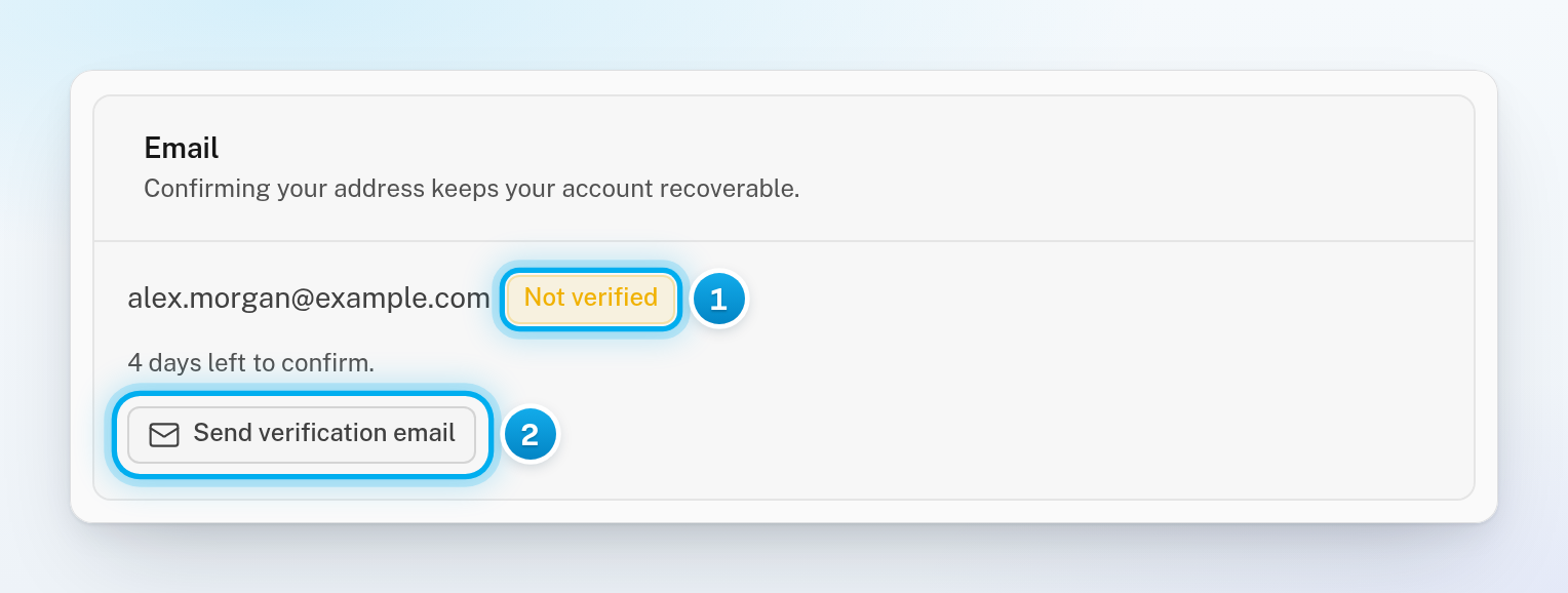 The Email card in Settings, Security, with the Not verified badge, the line 4 days left to confirm, and the Send verification email button