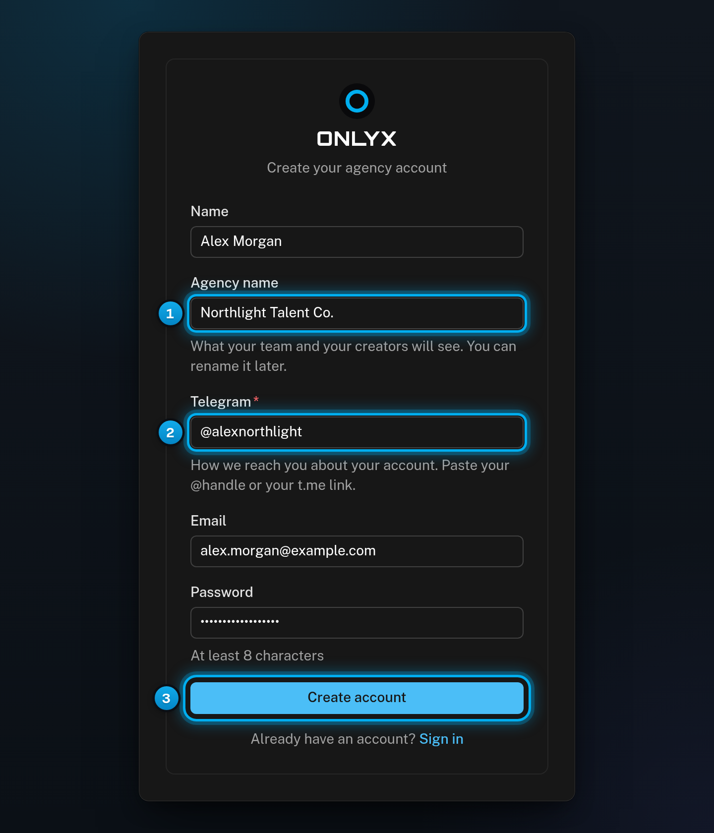 The Create your agency account form filled in, with the Agency name and Telegram fields and the Create account button marked