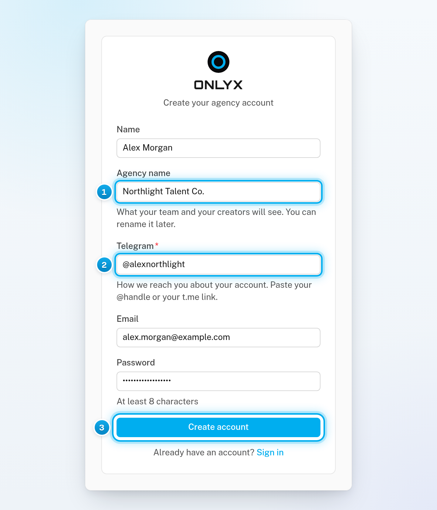 The Create your agency account form filled in, with the Agency name and Telegram fields and the Create account button marked