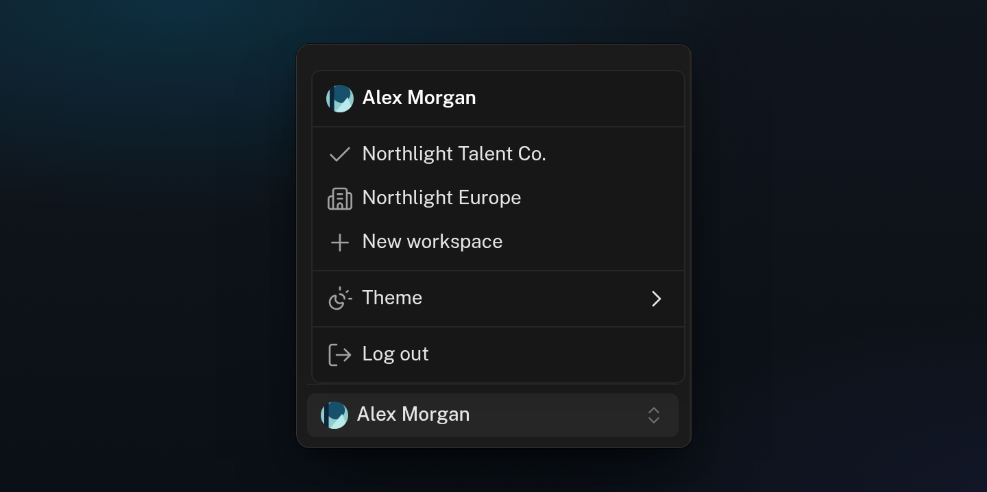 The account menu open at the bottom of the sidebar, with two workspaces, New workspace, Theme and Log out