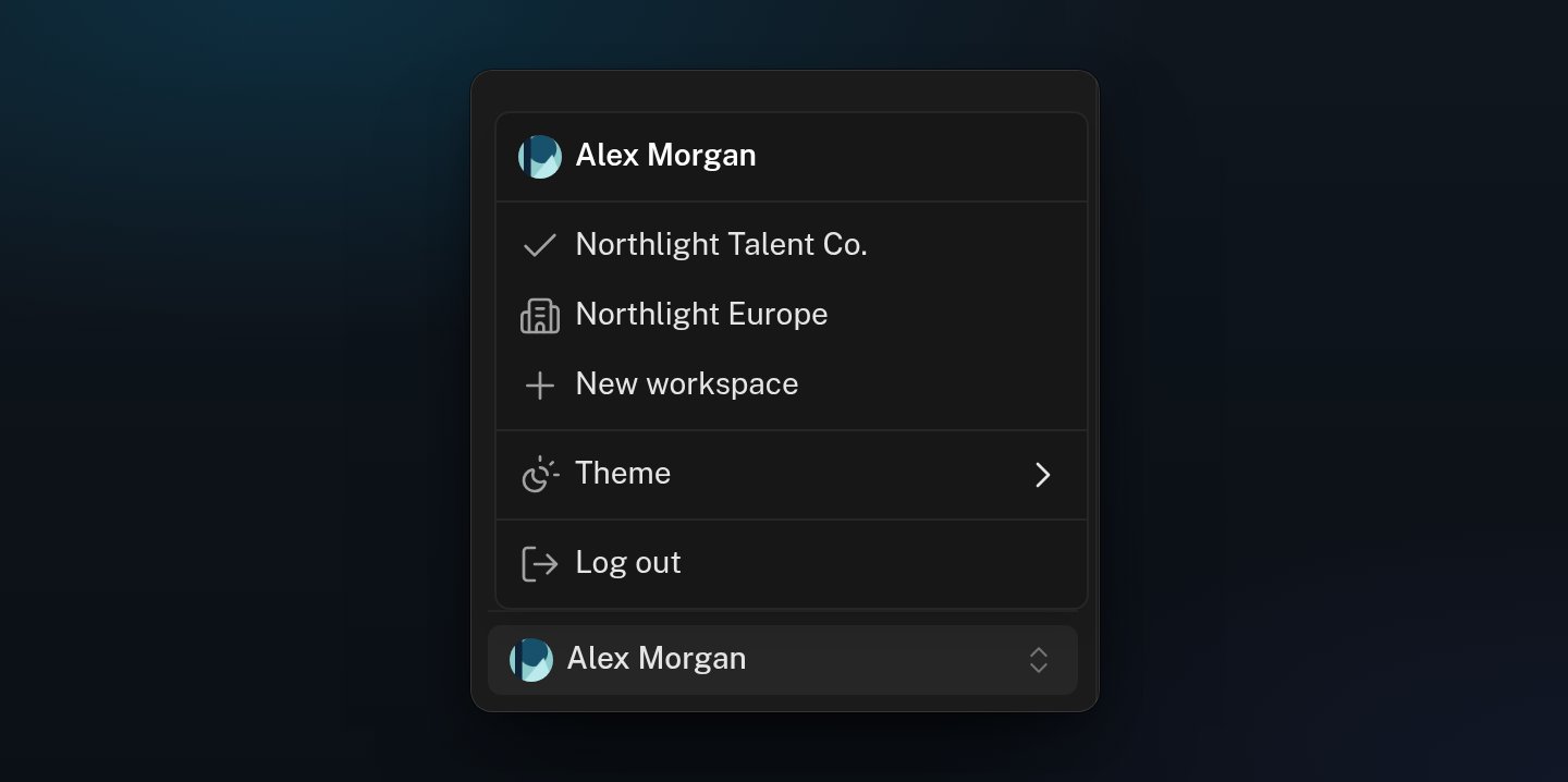 The account menu open at the bottom of the sidebar, with two workspaces, New workspace, Theme and Log out