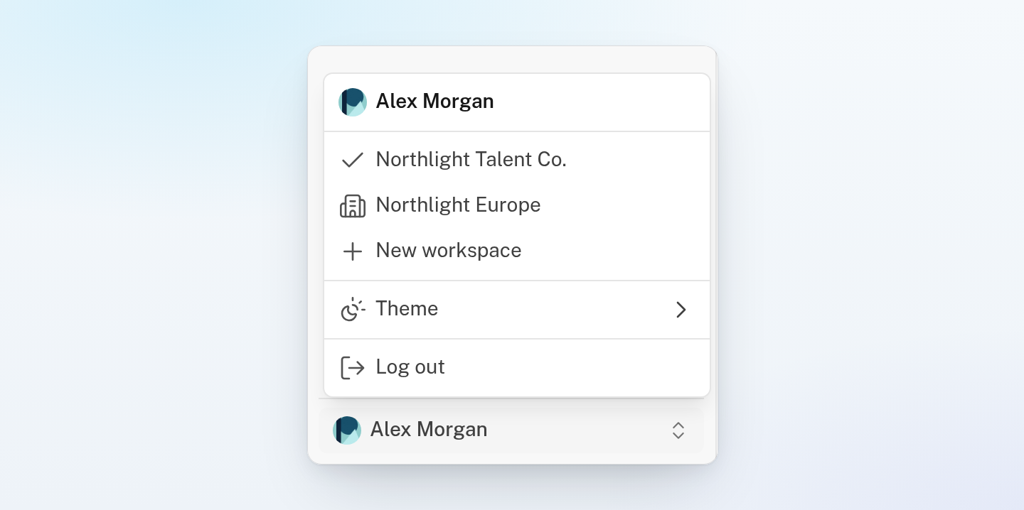 The account menu open at the bottom of the sidebar, with two workspaces, New workspace, Theme and Log out