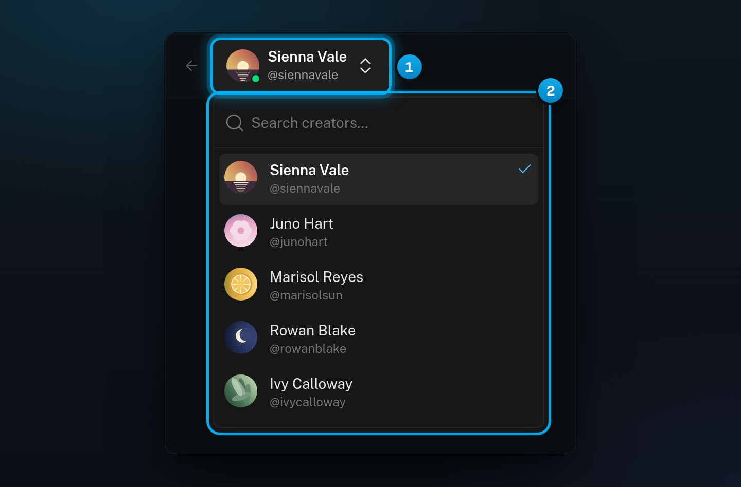 A creator's page with the creator switcher open under her name, showing a search box and the list of creators, with hers ticked