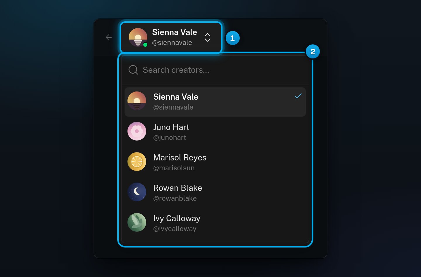 A creator's page with the creator switcher open under her name, showing a search box and the list of creators, with hers ticked