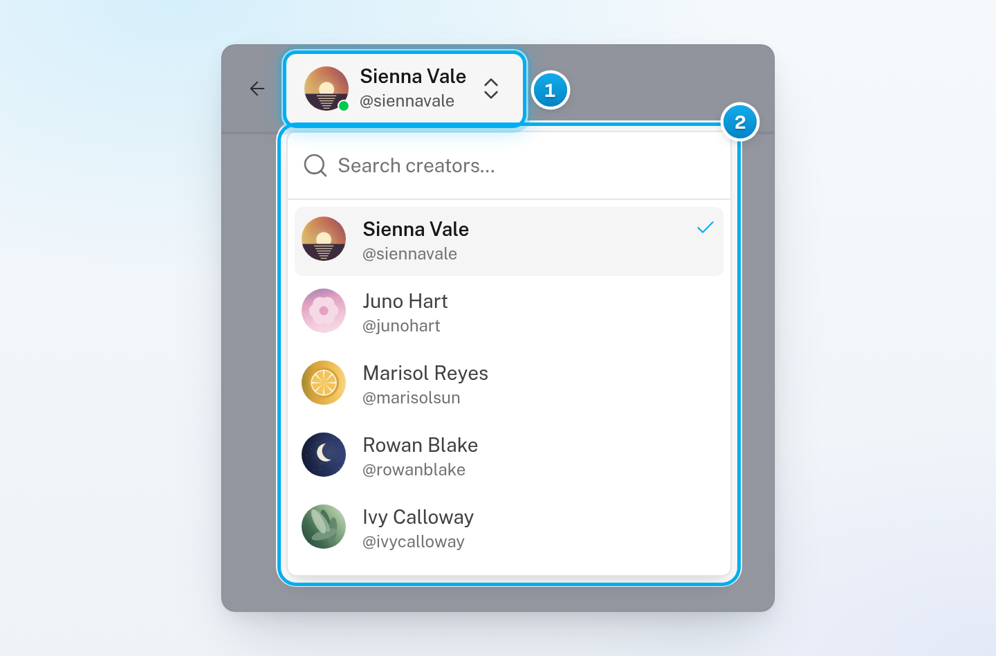 A creator's page with the creator switcher open under her name, showing a search box and the list of creators, with hers ticked