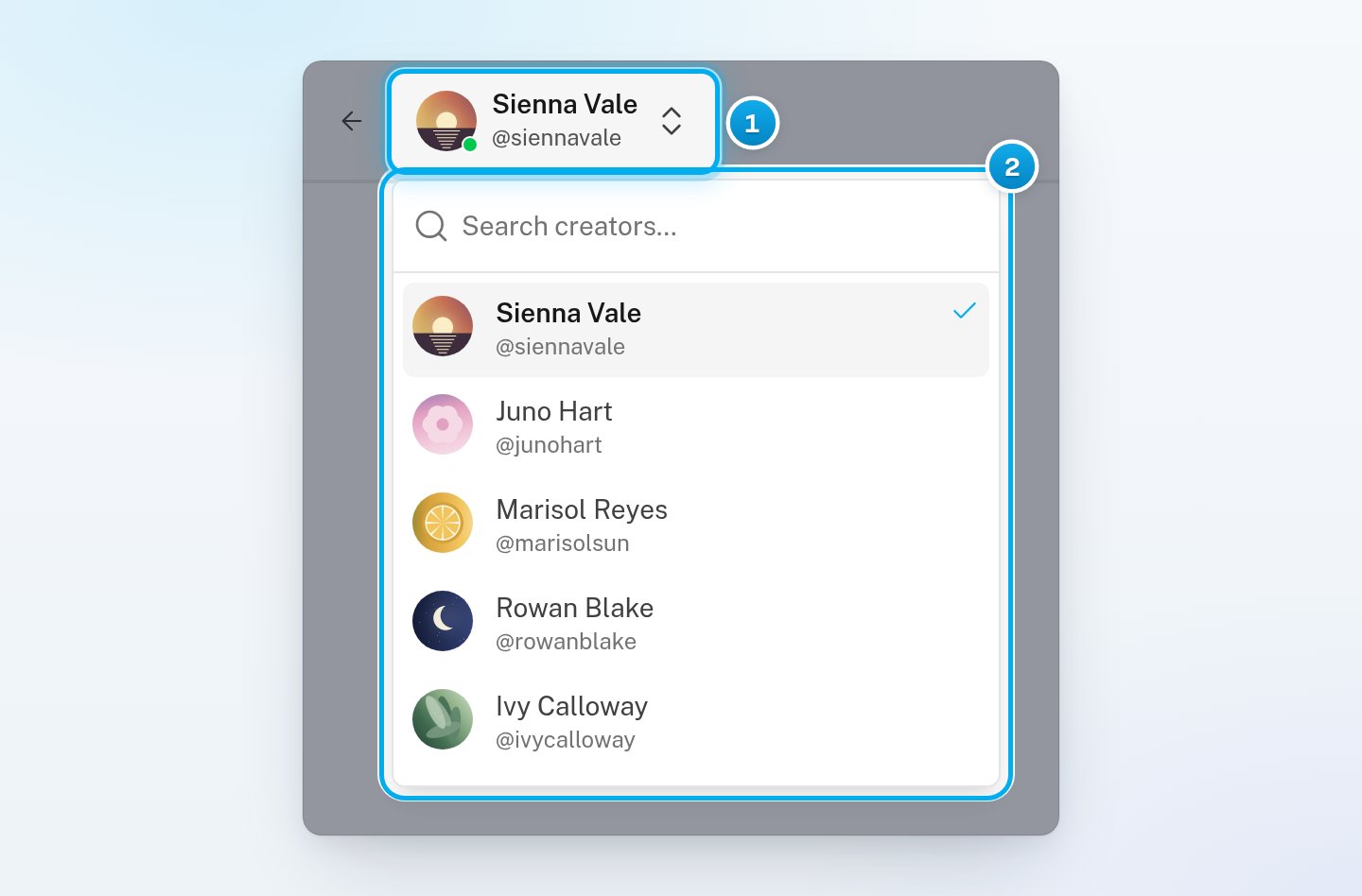 A creator's page with the creator switcher open under her name, showing a search box and the list of creators, with hers ticked