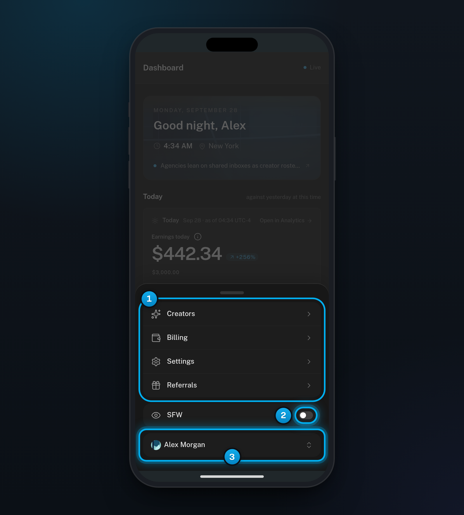 OnlyX on a phone with the More sheet open, listing Creators, Billing, Settings and Referrals, the SFW switch and the account menu