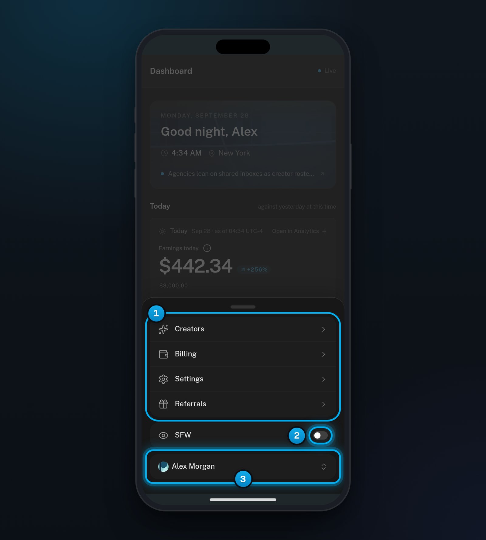OnlyX on a phone with the More sheet open, listing Creators, Billing, Settings and Referrals, the SFW switch and the account menu