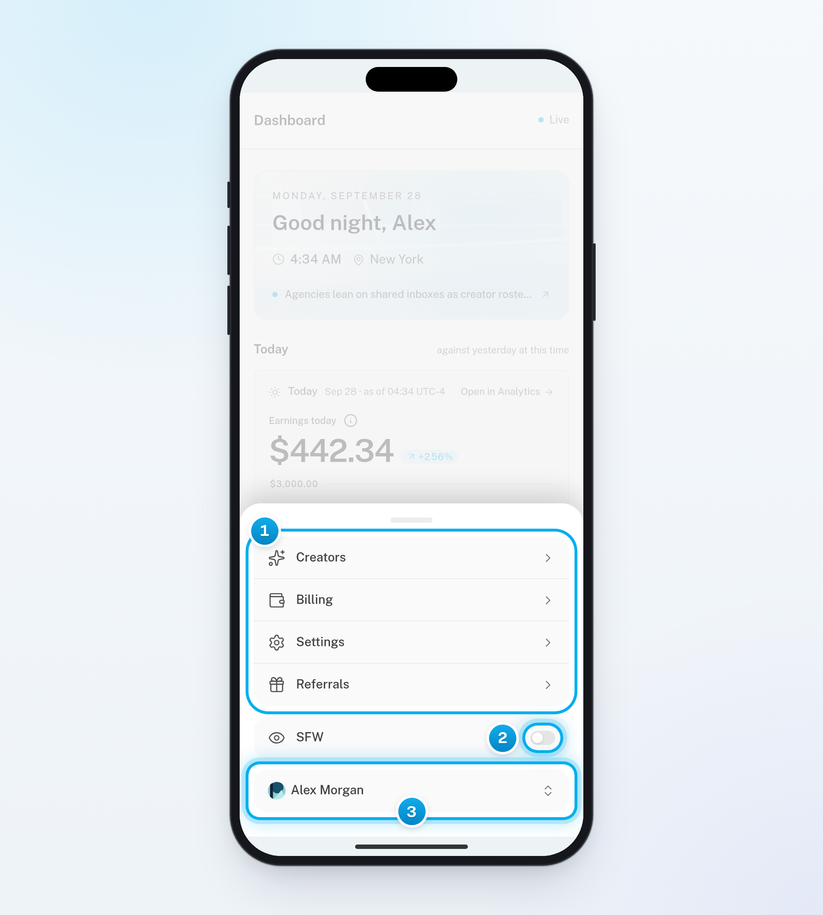 OnlyX on a phone with the More sheet open, listing Creators, Billing, Settings and Referrals, the SFW switch and the account menu