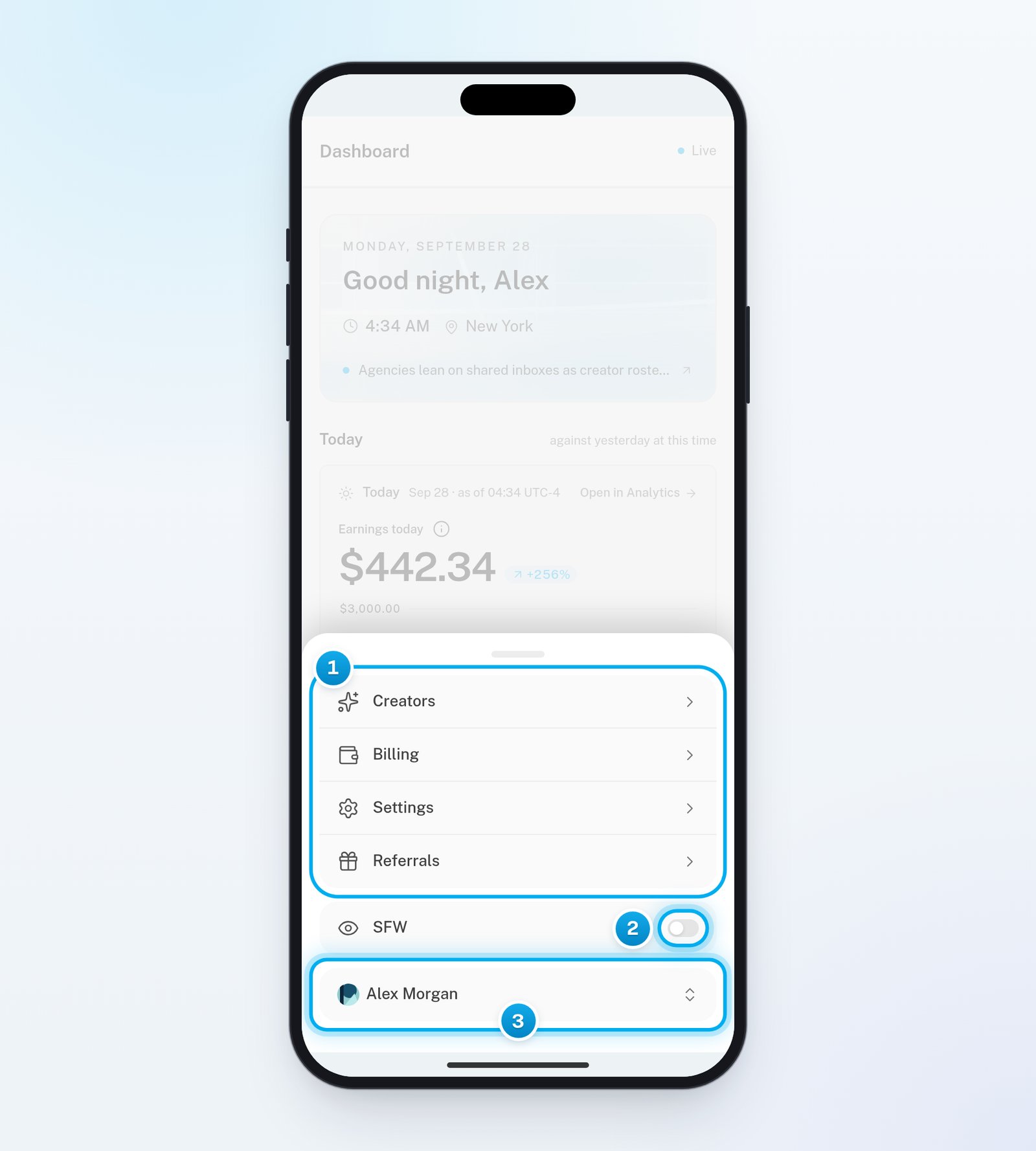 OnlyX on a phone with the More sheet open, listing Creators, Billing, Settings and Referrals, the SFW switch and the account menu