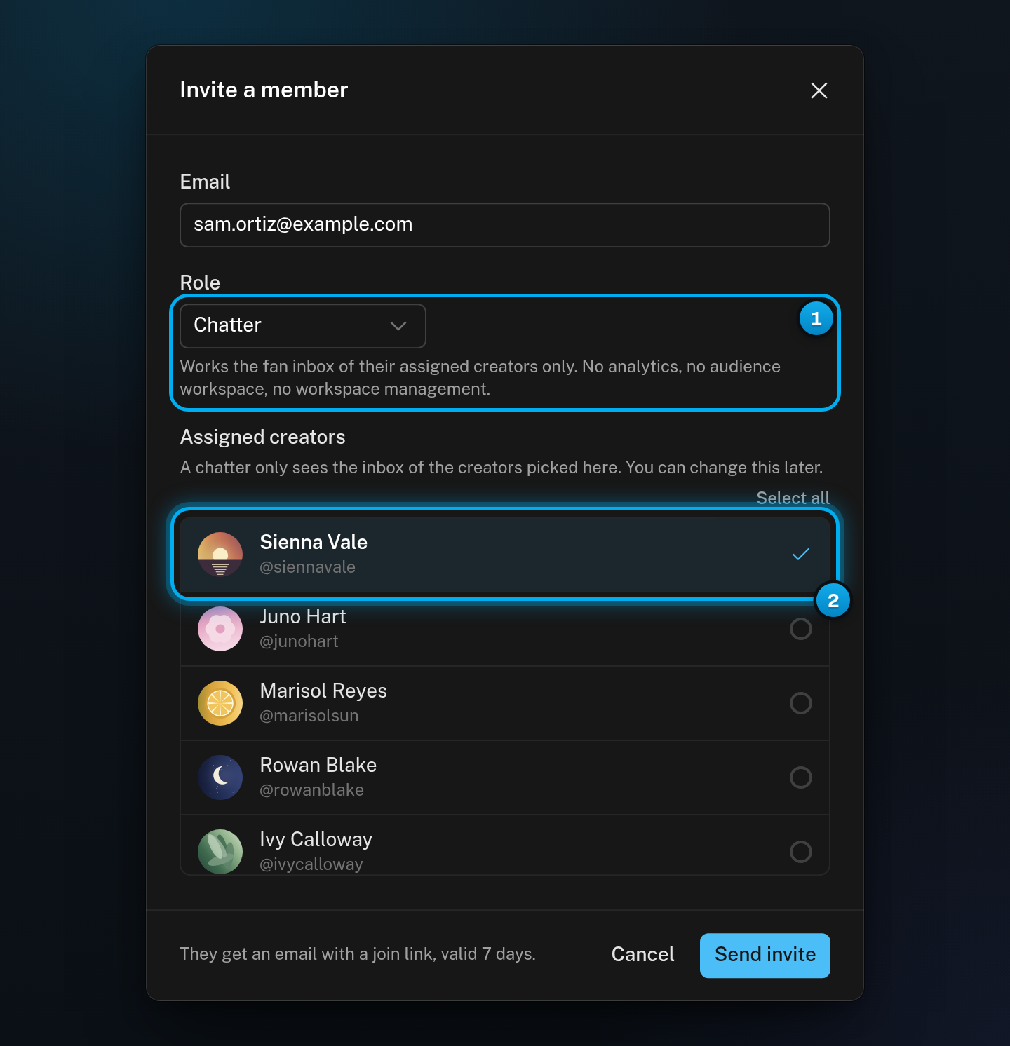 The Invite a member window with an email address, the role Chatter and its description, and one creator ticked under Assigned creators
