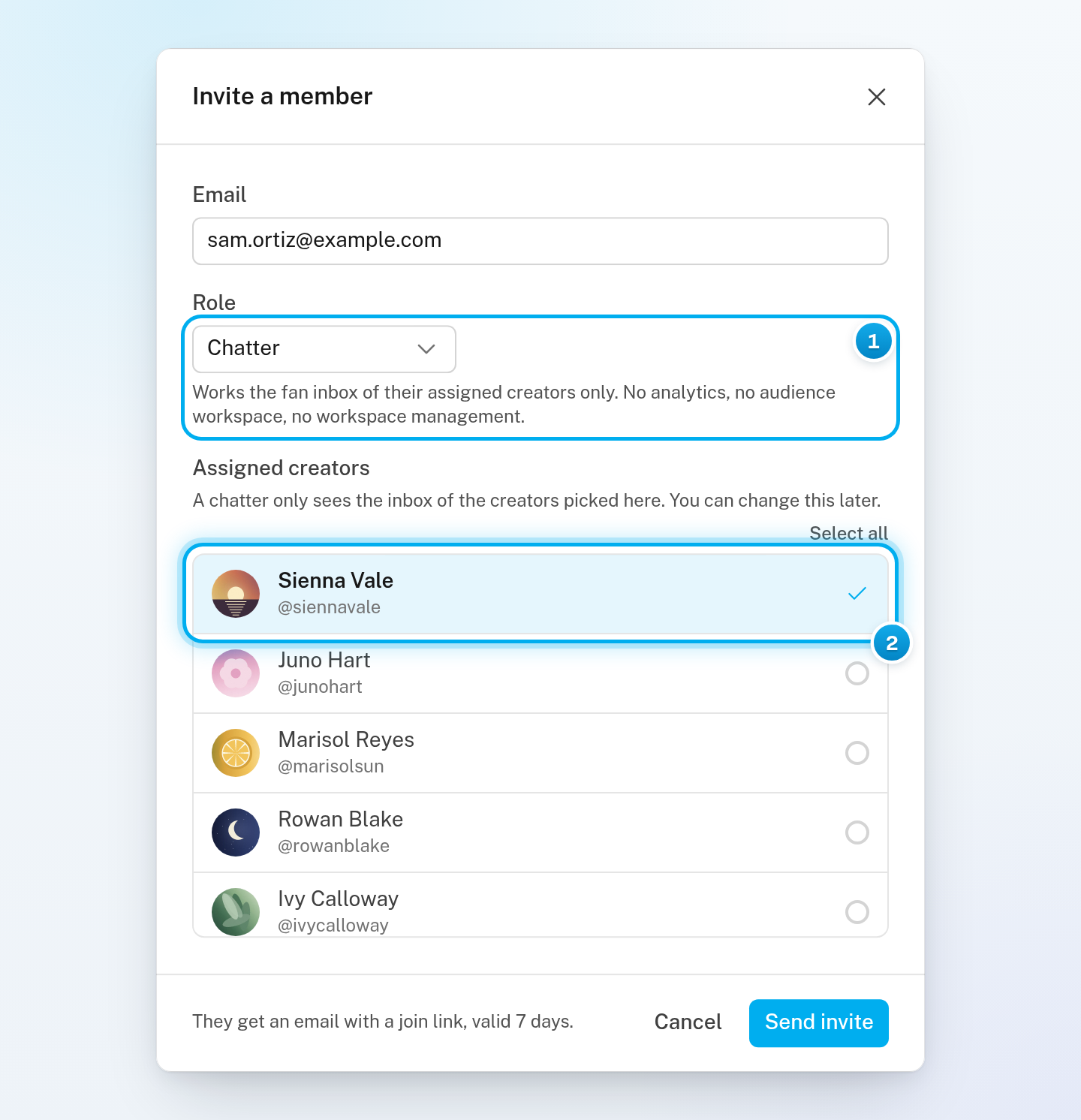 The Invite a member window with an email address, the role Chatter and its description, and one creator ticked under Assigned creators