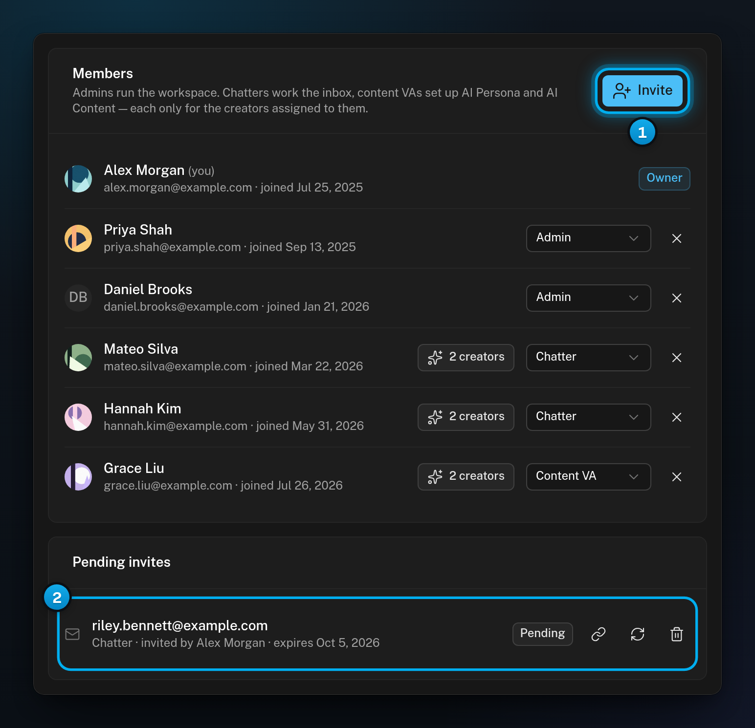 The Members page in Settings with the team list, the Invite button, and one invite under Pending invites with its role and expiry date