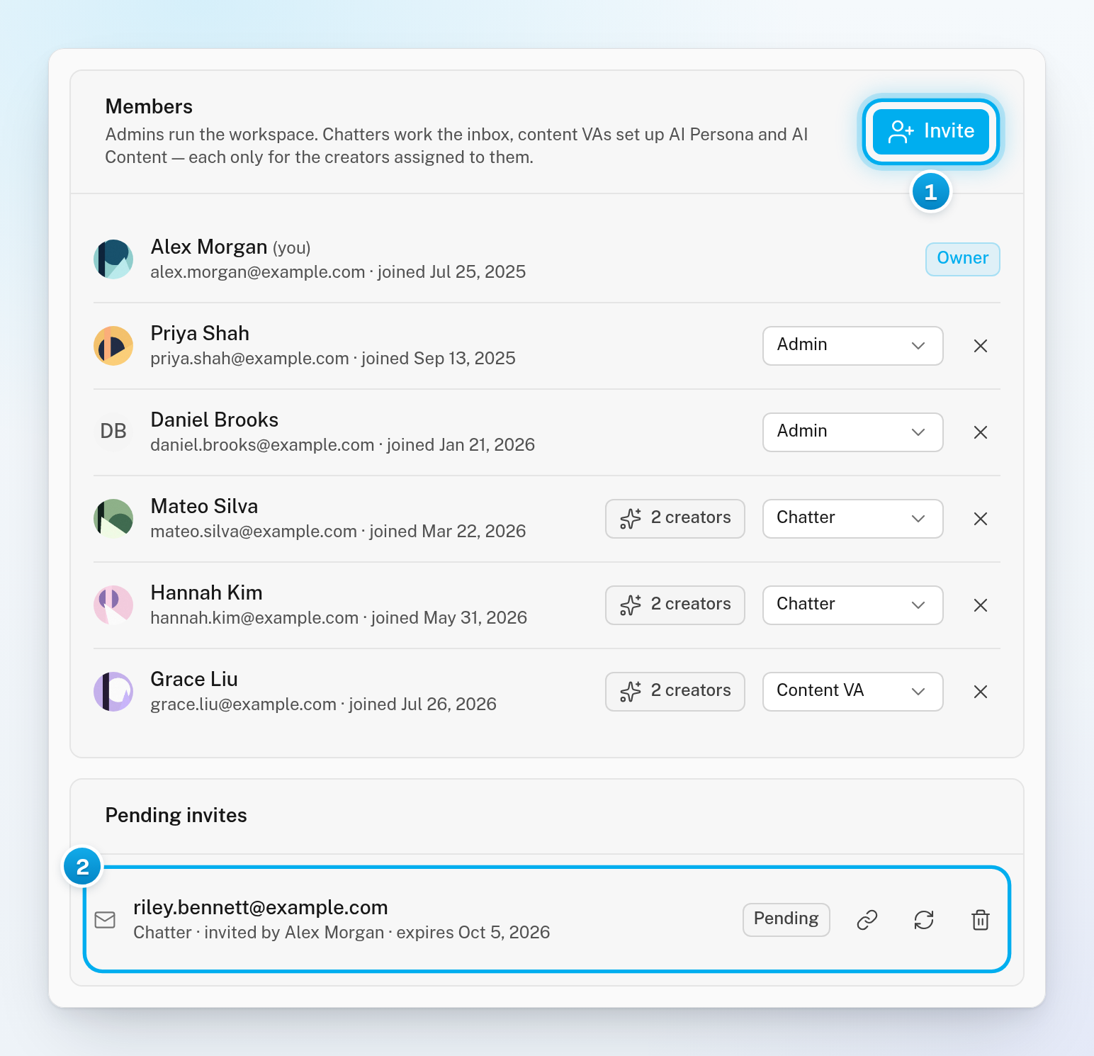 The Members page in Settings with the team list, the Invite button, and one invite under Pending invites with its role and expiry date