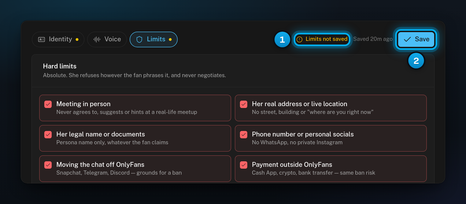 The Limits section of AI Persona with the recommended hard limits ticked, the warning Limits not saved, and the Save button