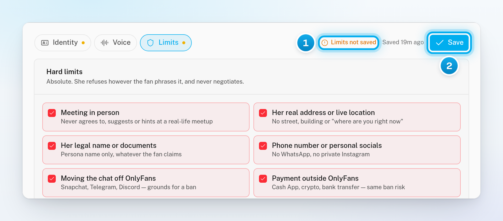 The Limits section of AI Persona with the recommended hard limits ticked, the warning Limits not saved, and the Save button