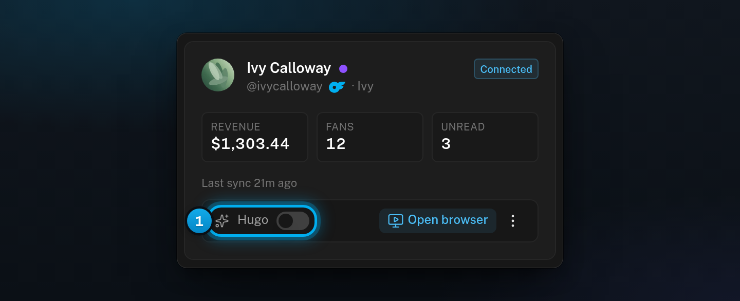 A creator card on the Creators page with its Hugo switch, turned off, in the control strip at the bottom of the card