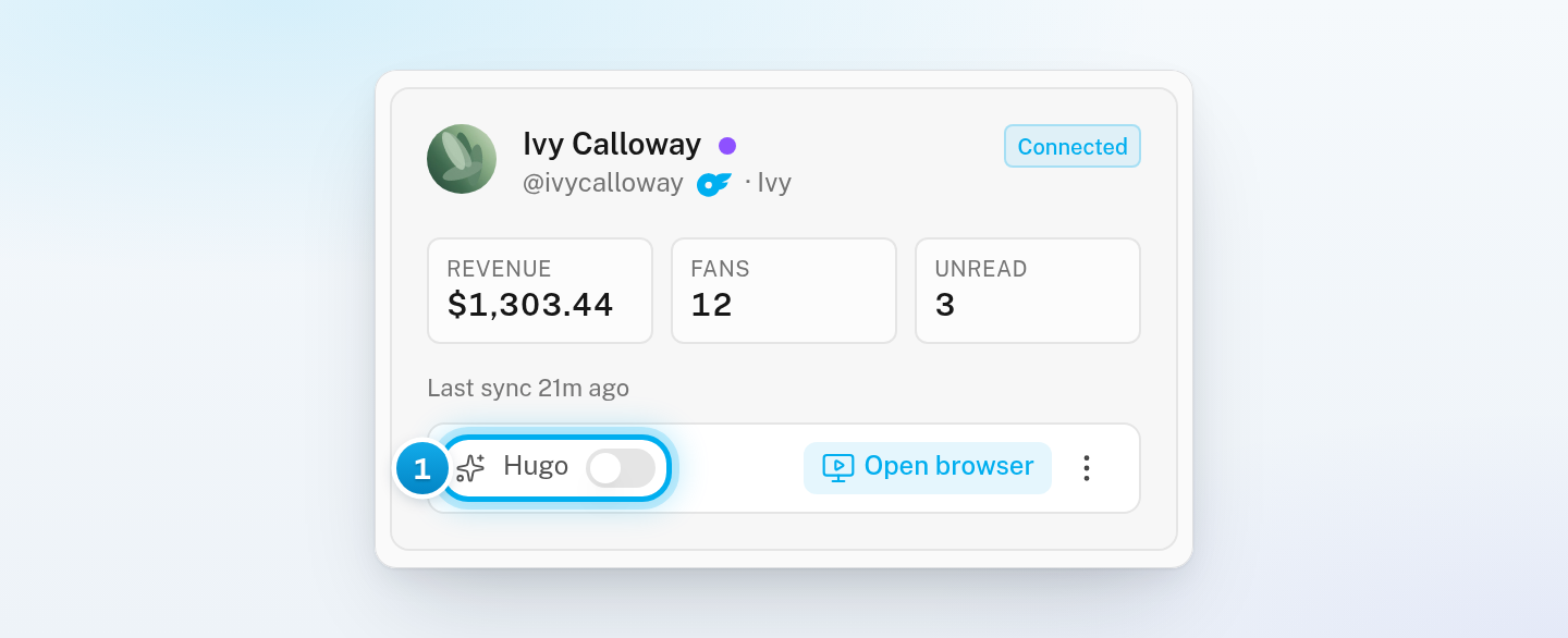 A creator card on the Creators page with its Hugo switch, turned off, in the control strip at the bottom of the card
