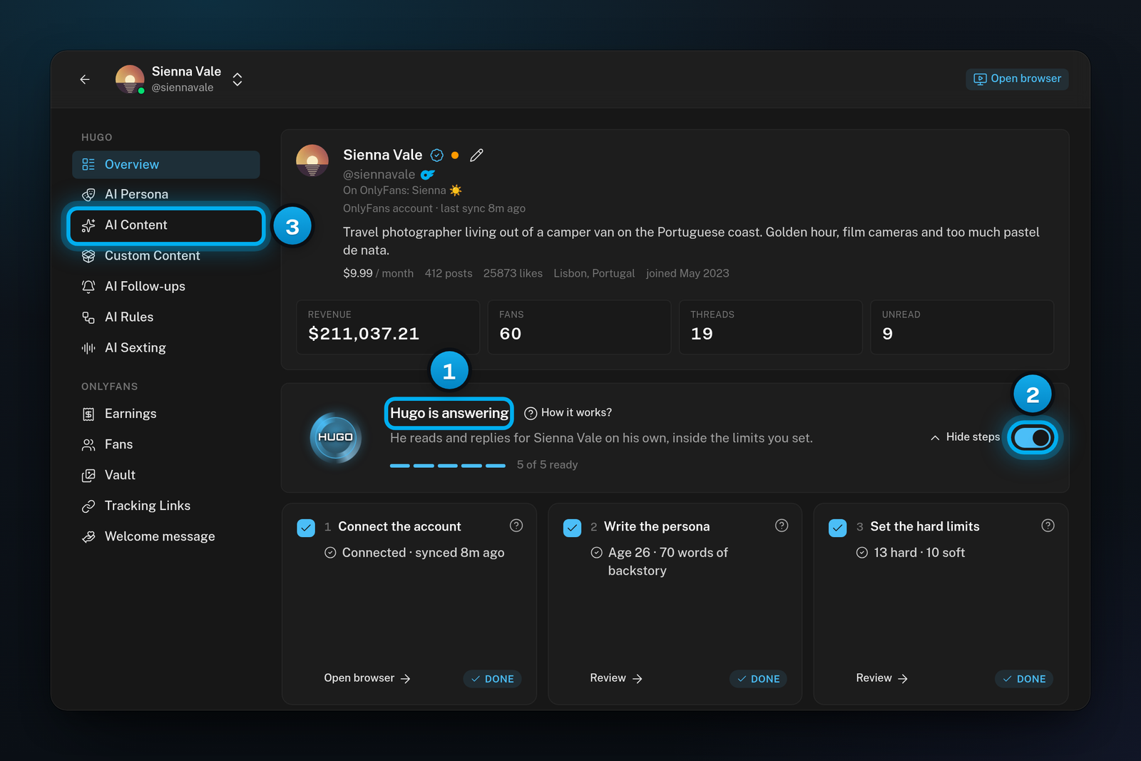 A creator's Overview tab with the heading Hugo is answering, the Hugo switch turned on, and the AI Content tab in the tab list