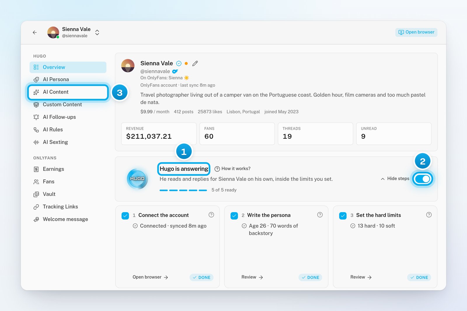 A creator's Overview tab with the heading Hugo is answering, the Hugo switch turned on, and the AI Content tab in the tab list
