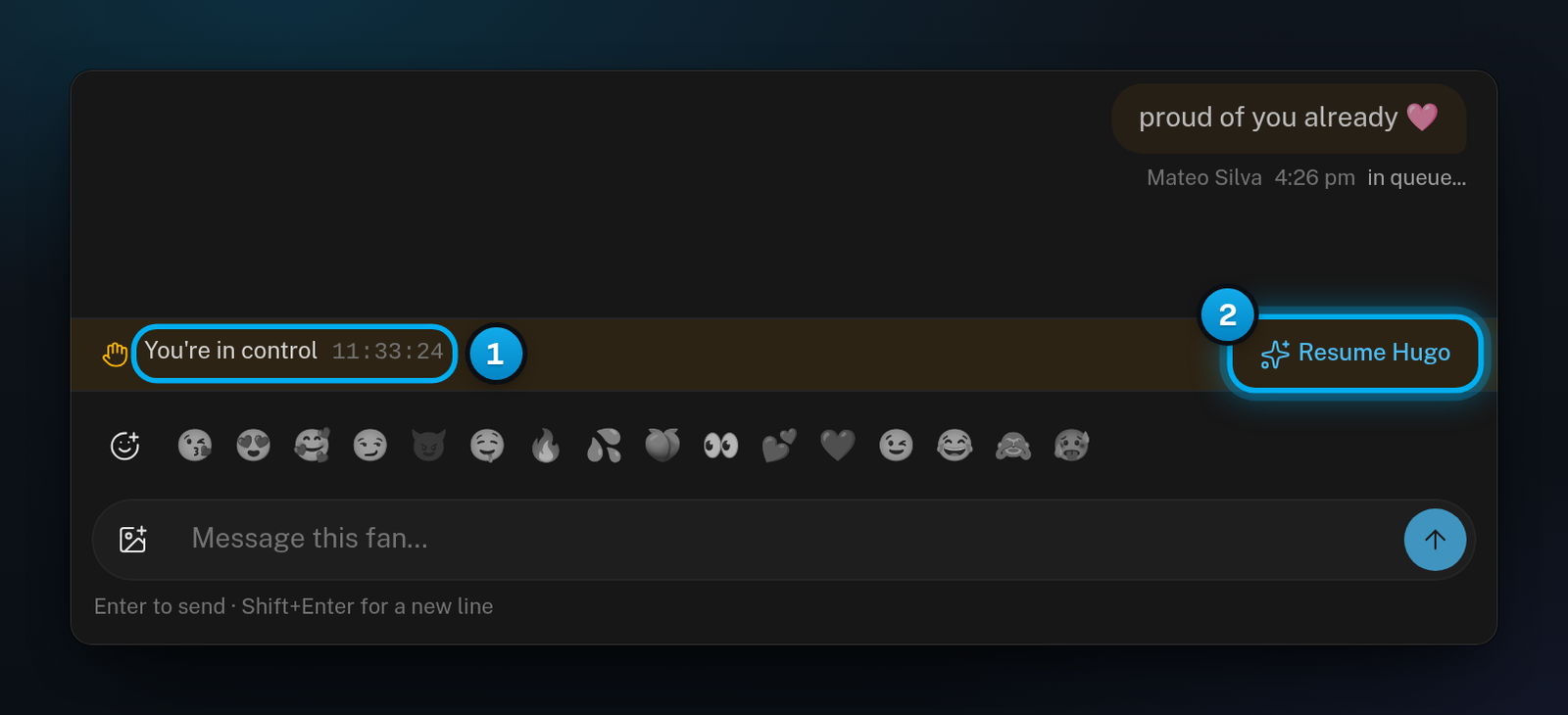 A Manual conversation with the You're in control countdown above the message box and the Resume Hugo button beside it