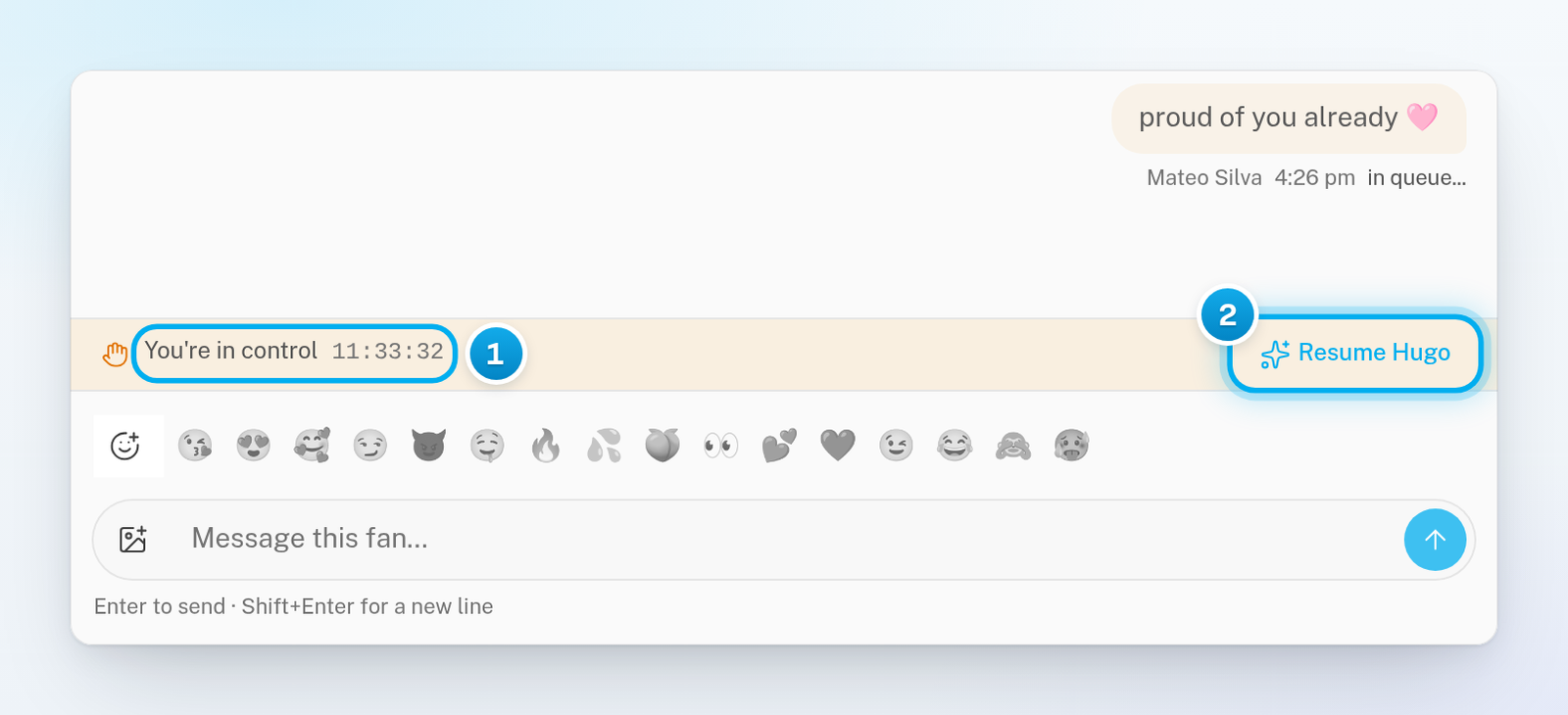A Manual conversation with the You're in control countdown above the message box and the Resume Hugo button beside it