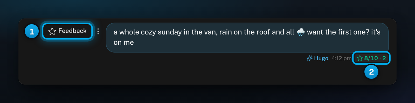 One of Hugo's messages with the Feedback button next to it and a green 8/10 · 2 score under it