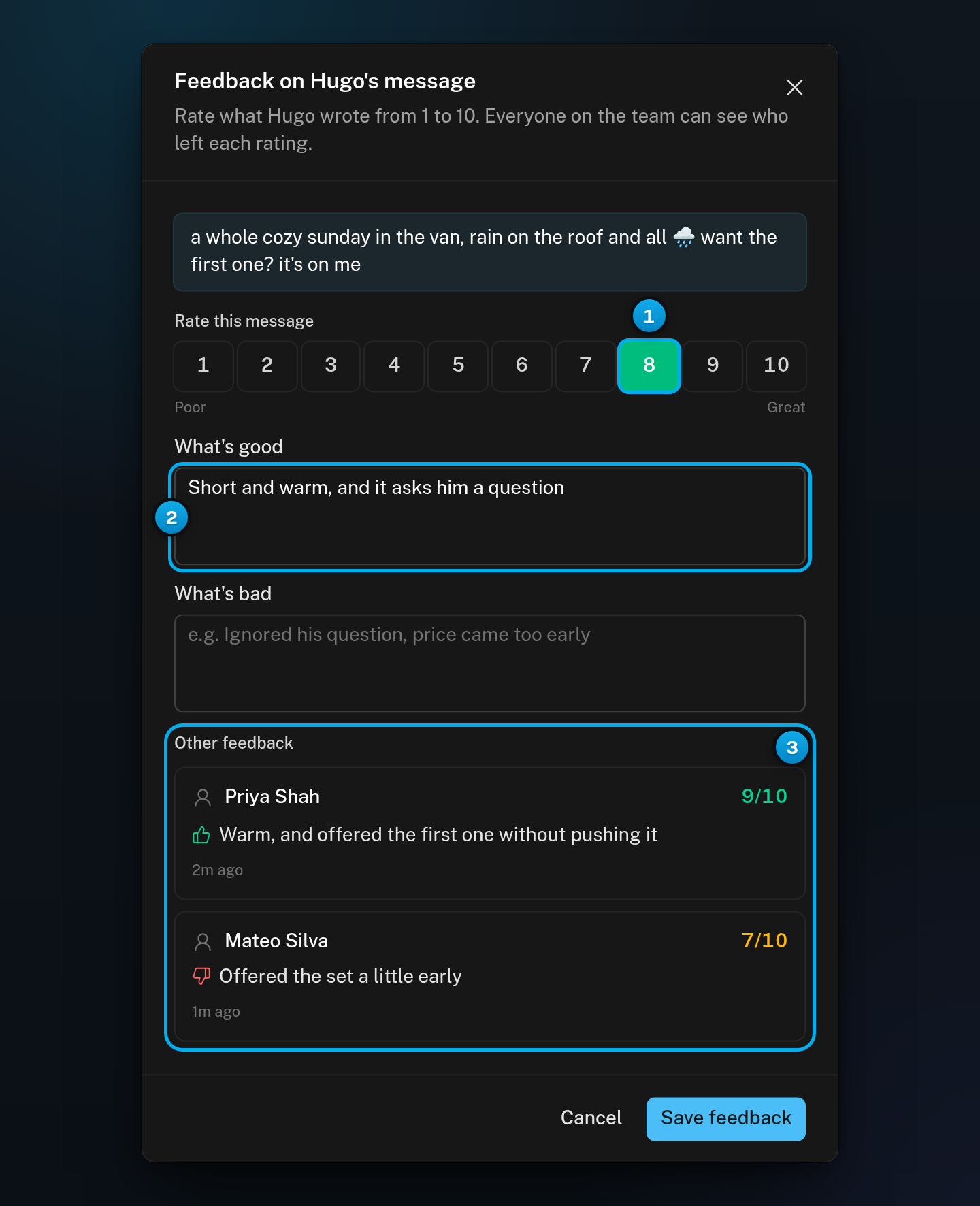 The Feedback on Hugo's message window with the score 8 selected, a What's good note, and two teammates' ratings under Other feedback
