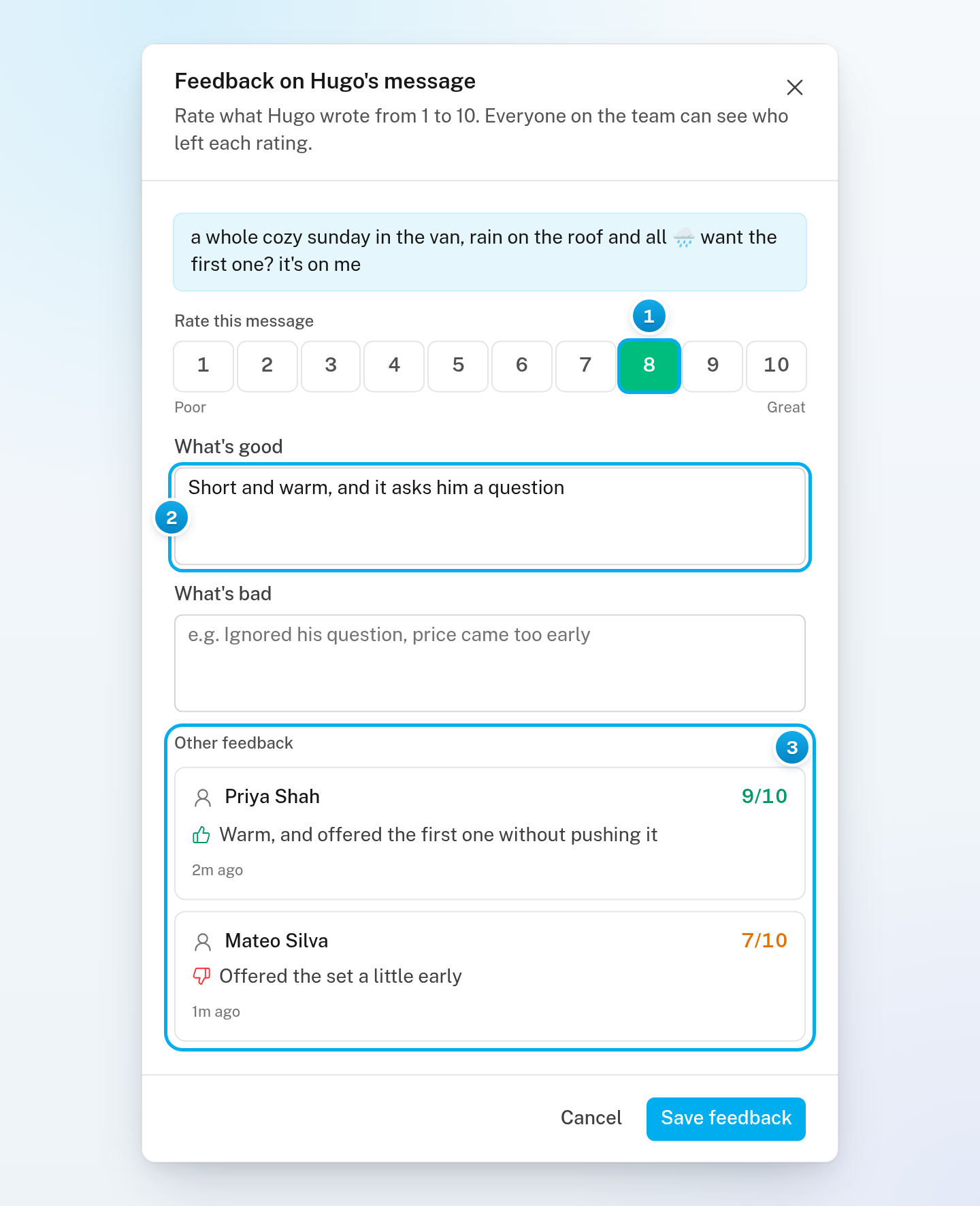 The Feedback on Hugo's message window with the score 8 selected, a What's good note, and two teammates' ratings under Other feedback