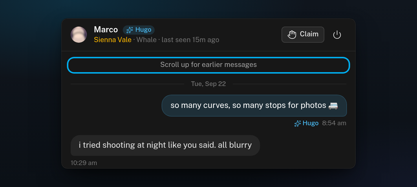 The top of a long conversation: the hint Scroll up for earlier messages is ringed, with the oldest loaded messages and their date under it