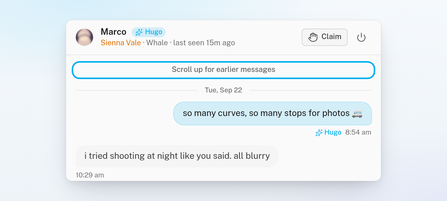 The top of a long conversation: the hint Scroll up for earlier messages is ringed, with the oldest loaded messages and their date under it