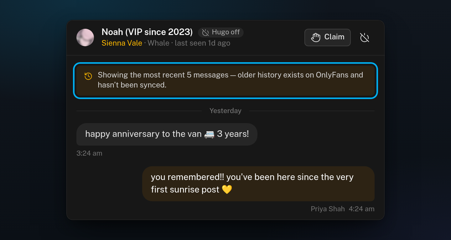 The top of a short conversation with the history banner ringed. It says the most recent 5 messages are shown and older history is on OnlyFans