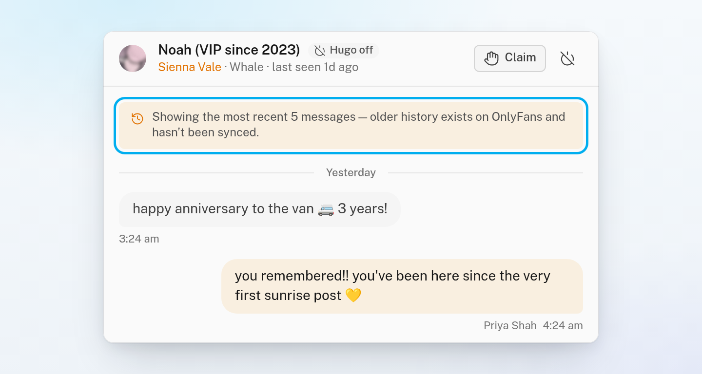 The top of a short conversation with the history banner ringed. It says the most recent 5 messages are shown and older history is on OnlyFans