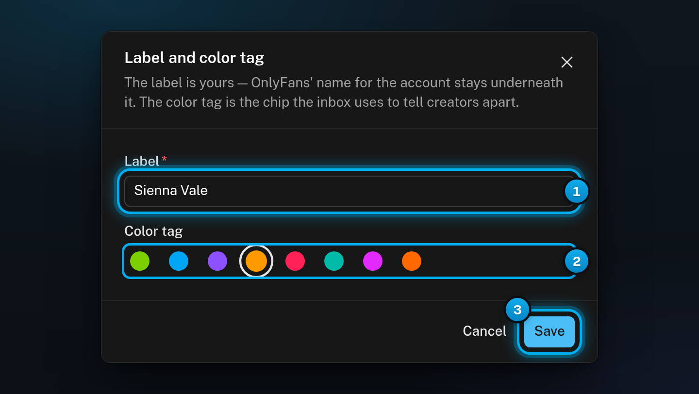 The Label and color tag dialog for an OnlyFans creator, with the Label field, eight color swatches and the Save button