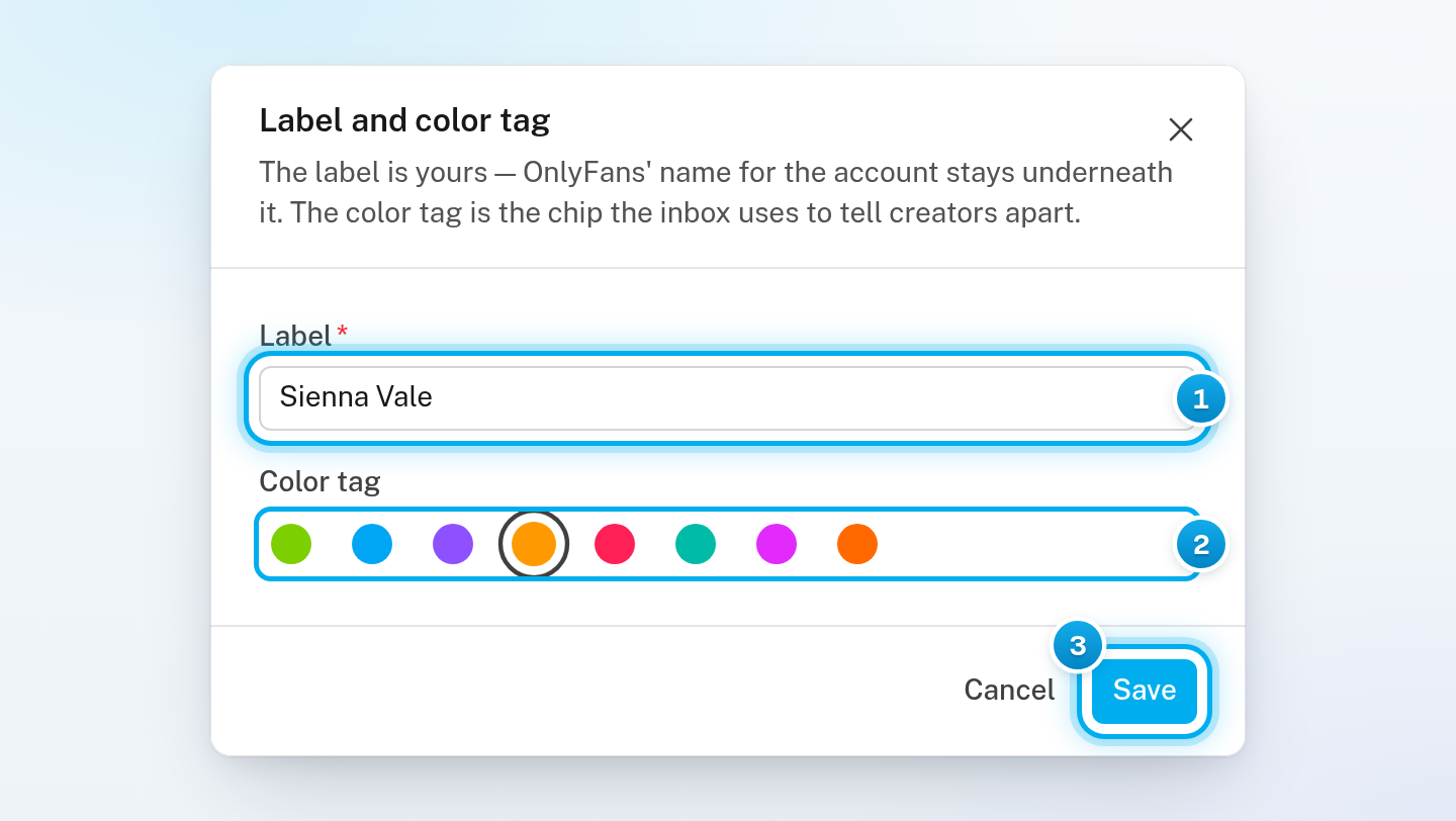 The Label and color tag dialog for an OnlyFans creator, with the Label field, eight color swatches and the Save button