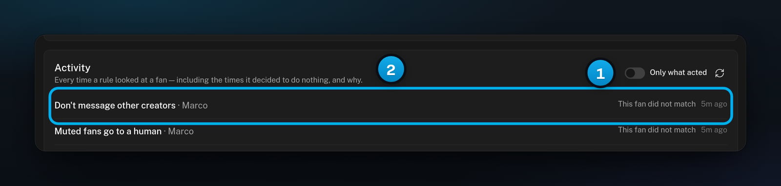 The Activity list with Only what acted switched off, where each rule check that did nothing says why, for example This fan did not match