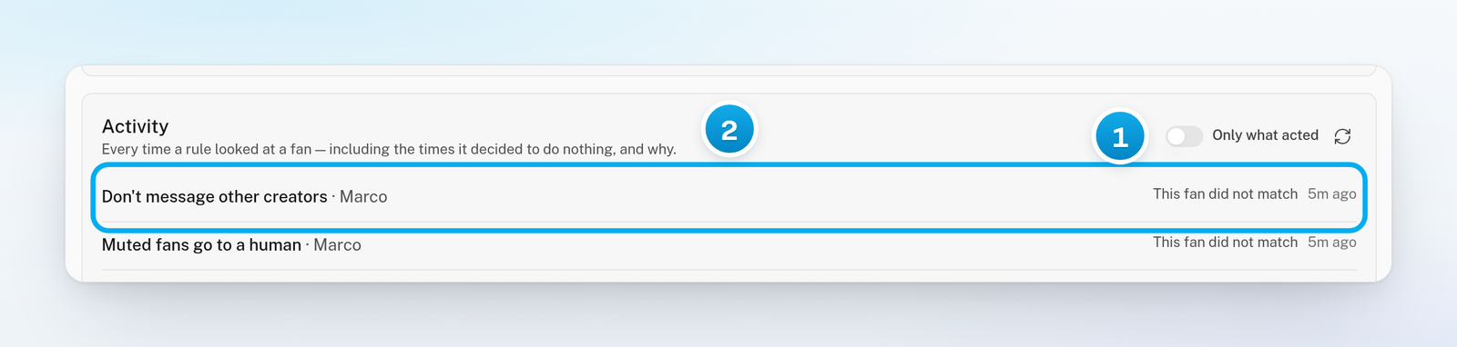 The Activity list with Only what acted switched off, where each rule check that did nothing says why, for example This fan did not match